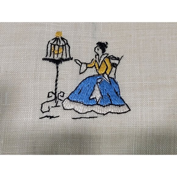 Vintage Linen Tea Towel Fingertip Fringe Embroidered Lady Sitting Bird Cage - Picture 3 of 6